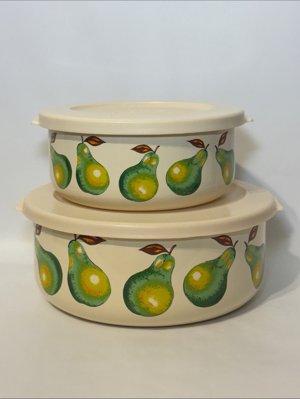 Vintage Kobe Metal Enamelware Pear Storage Bowls with matching plastic lids